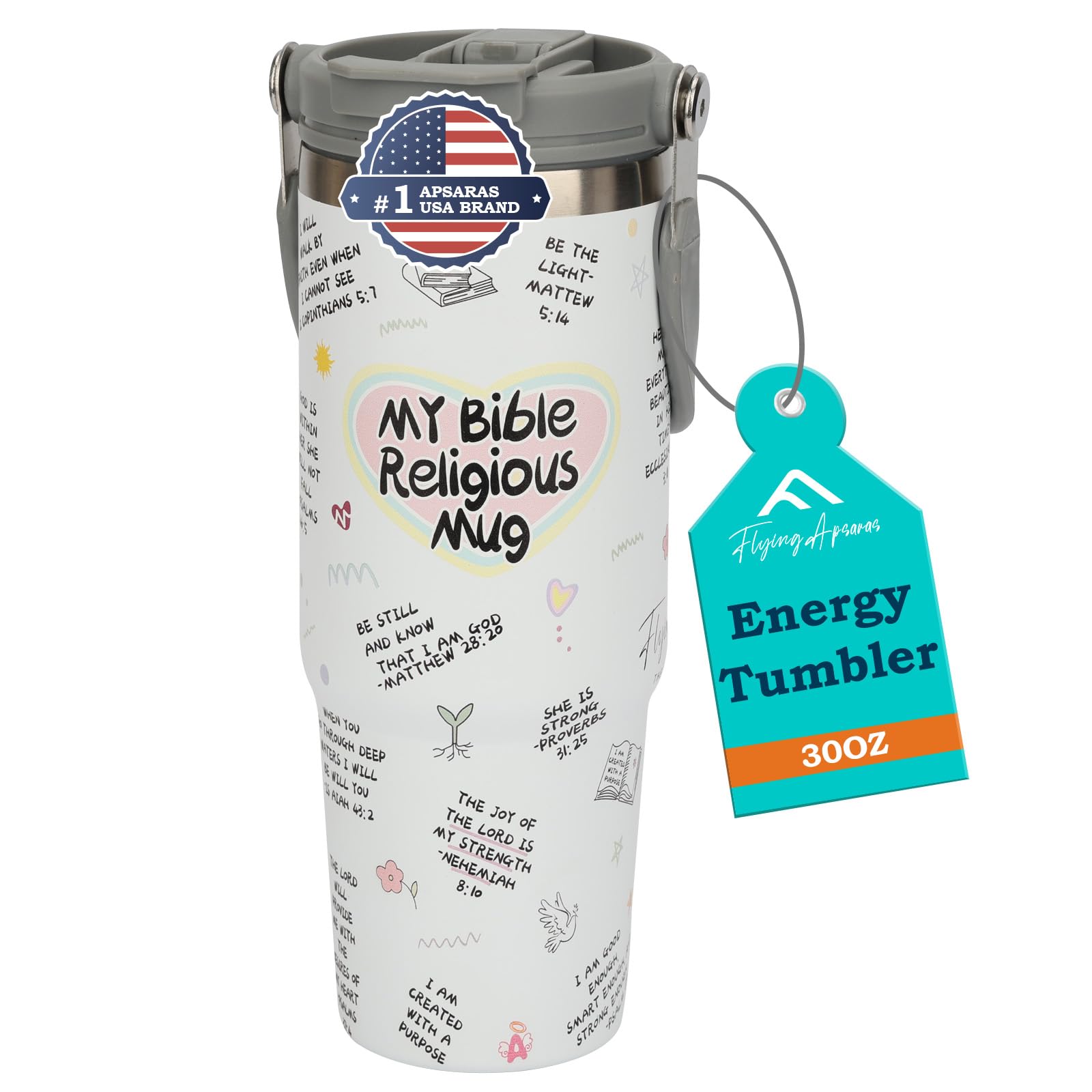 APSARAS 30 oz Stainless Steel Tumbler with Lid and Straw,Vacuum Insulated Bottle with Flip Straw and Top Handle, My Bible Cup,Reusable Insulated Water Bottle for Home, Office, Leak proof