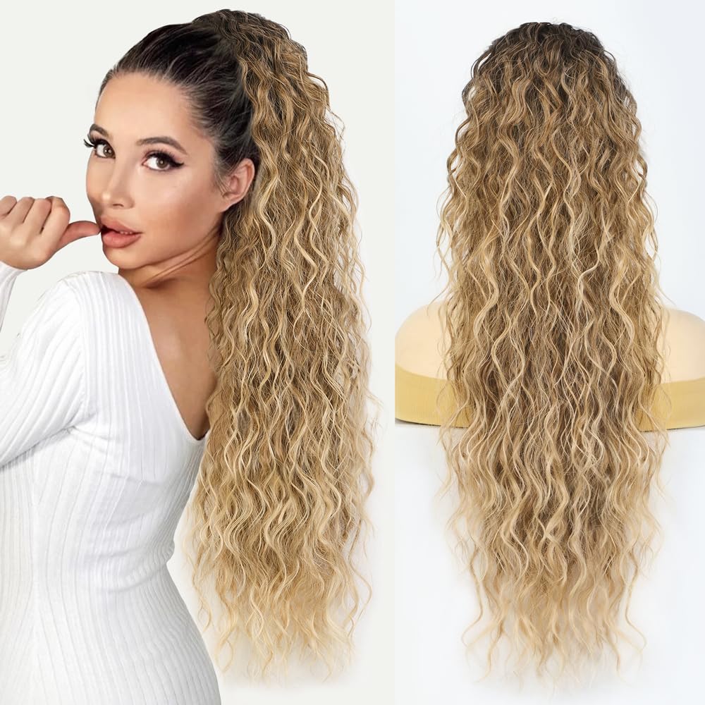 Rosooi 30 Inch Long Ombre Brown Mix Blonde Drawstring Ponytail Extension for Women Synthetic Long Curly Wavy Clip in Ponytail Hair Extensions for