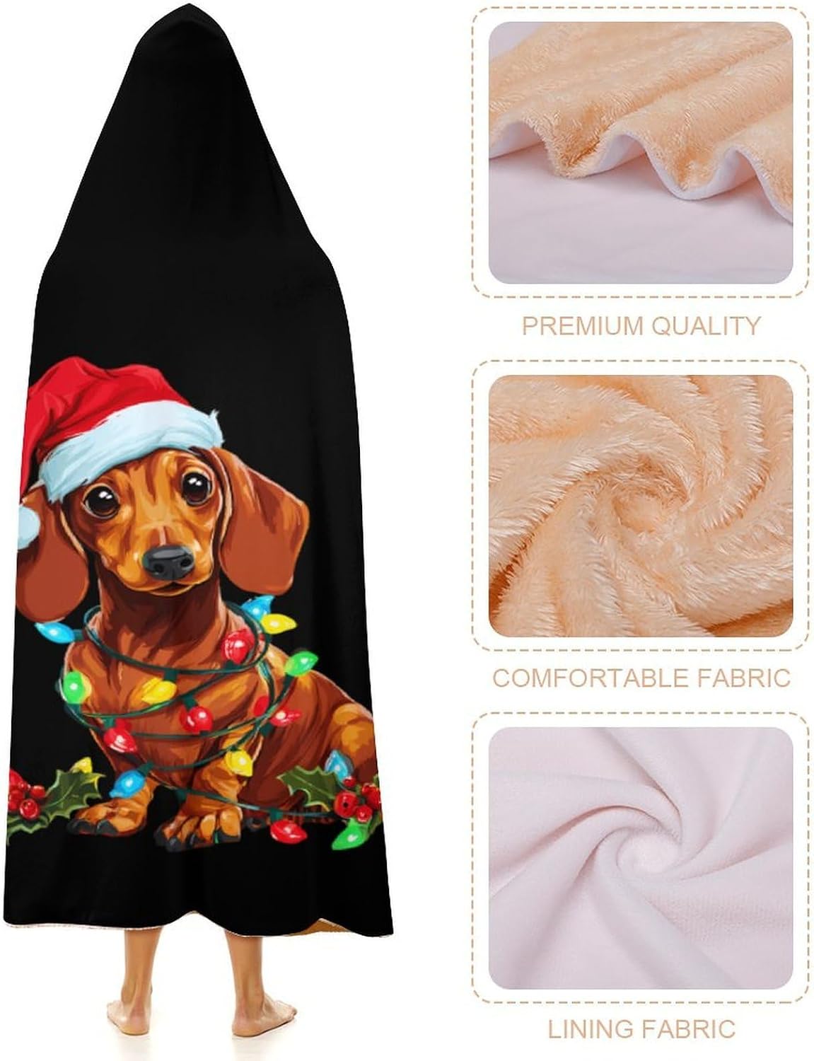 Merry Christmas Dachshund Dog Wearable Blanket Oversized Throw Cape | Cozy Hooded Blanket Gifts for Women Men