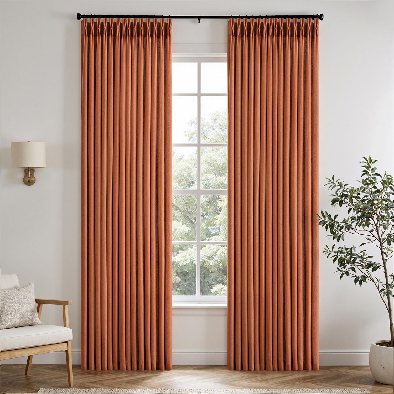 ANRODUO Terracotta Curtains Linen Pinch Pleat Curtain 84 Inches Long, Thick Textured Semi Sheer Pleated Linen Curtain with Hooks&Clips for Track System, Fall Curtains for Living Room Bedroom Decor — image 1