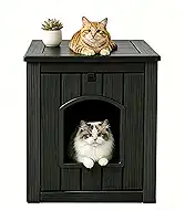 NUNU LAB Hidden Cat Litter Box Enclosure Furniture, Weatherproof Litter Box Side Table with Openable Front Door, Odor-Free & Easy Clean Cat House Cabinet for Indoor Bedroom & Outdoor Patio, Black