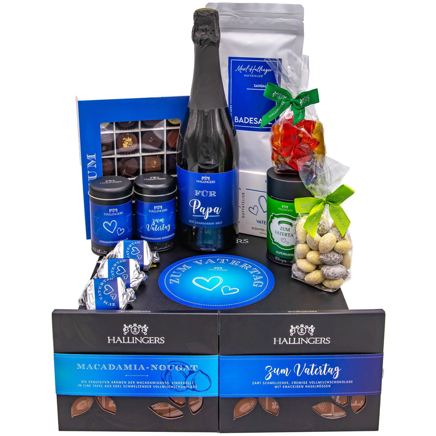 Hallingers Genuss Manufaktur Feinkost Vatertagsgeschenk-Set - XXL-Geschenkkorb "Zum Vatertag" große Selektion Sekt, Gewürze, Nougat, Pralinen, Schoki, Duftkerze & mehr, Geschenkidee für Papa Opa