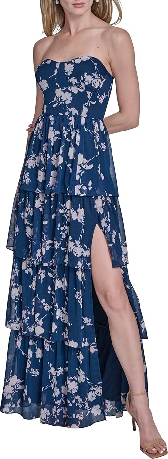 BCBG Womens Strapless Sweatheart Neck Tiered Leg Slit Maxi Dress