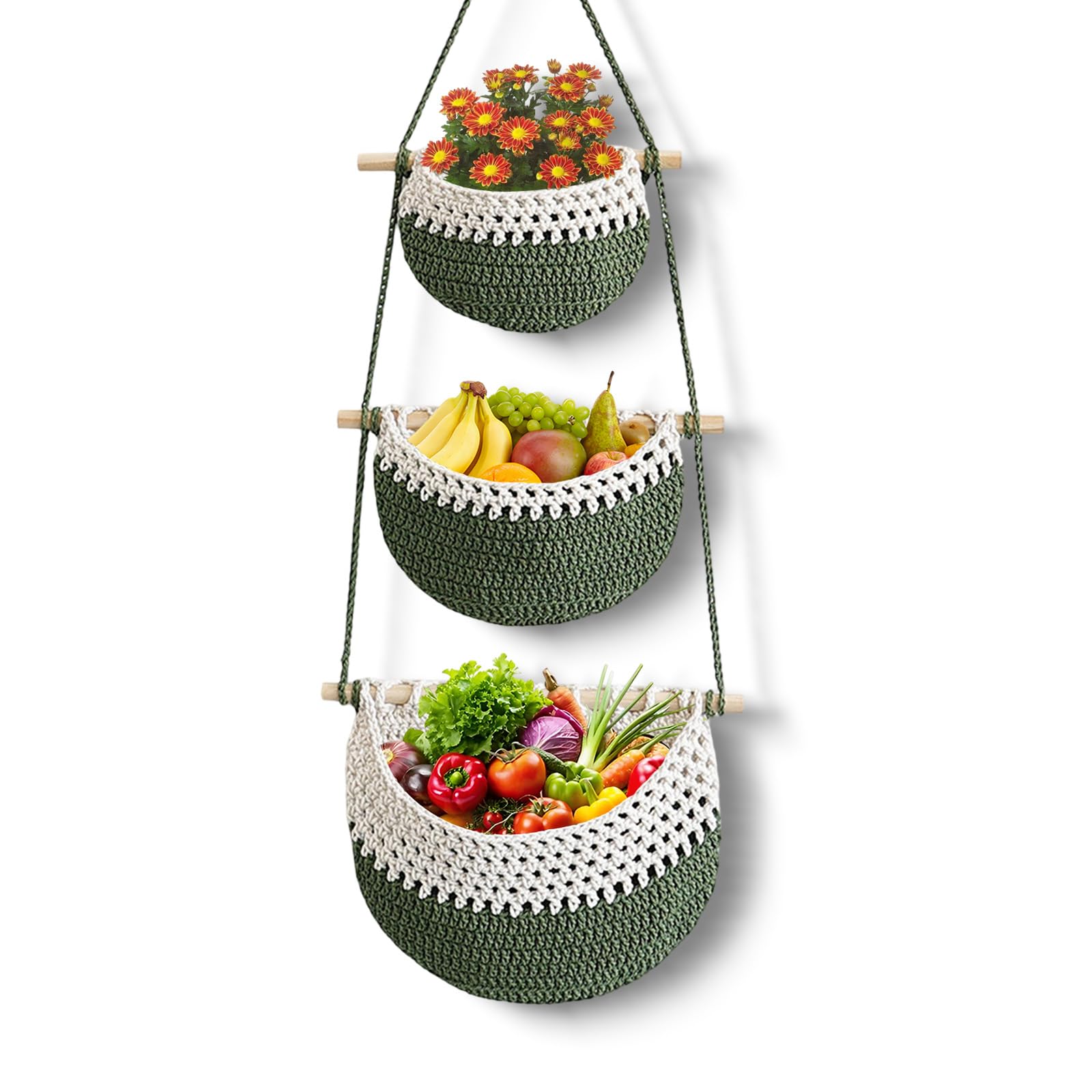 Obstkorb Hängend,3 Stöckiger Obst Hängekorb Küche Obst,Hängende Obstkörbe,Obstkorb Handgewebte Aufbewahrungskörbe Für Küche,Wohnzimmer, Badezimmer,Schlafzimmer (Weiß + Grün)