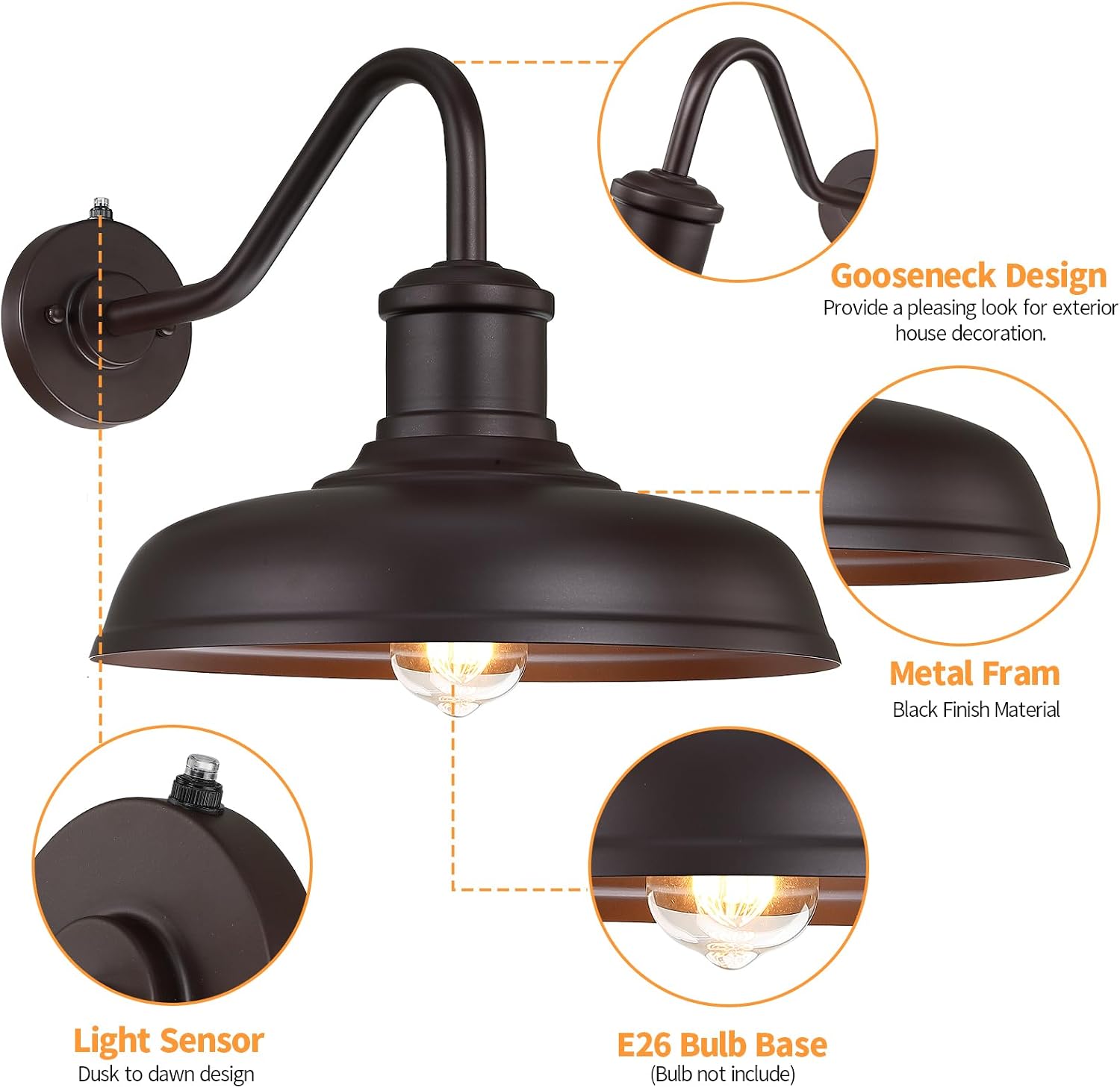 13.8'' Large Dusk to Dawn Outdoor Gooseneck Barn Light, 2-Pack Outdoor Wall Sconce Farmhouse Exterior Light Wall Lighting Fixture Industrial Lantern for Porch, Entryway, Garage, Brown
