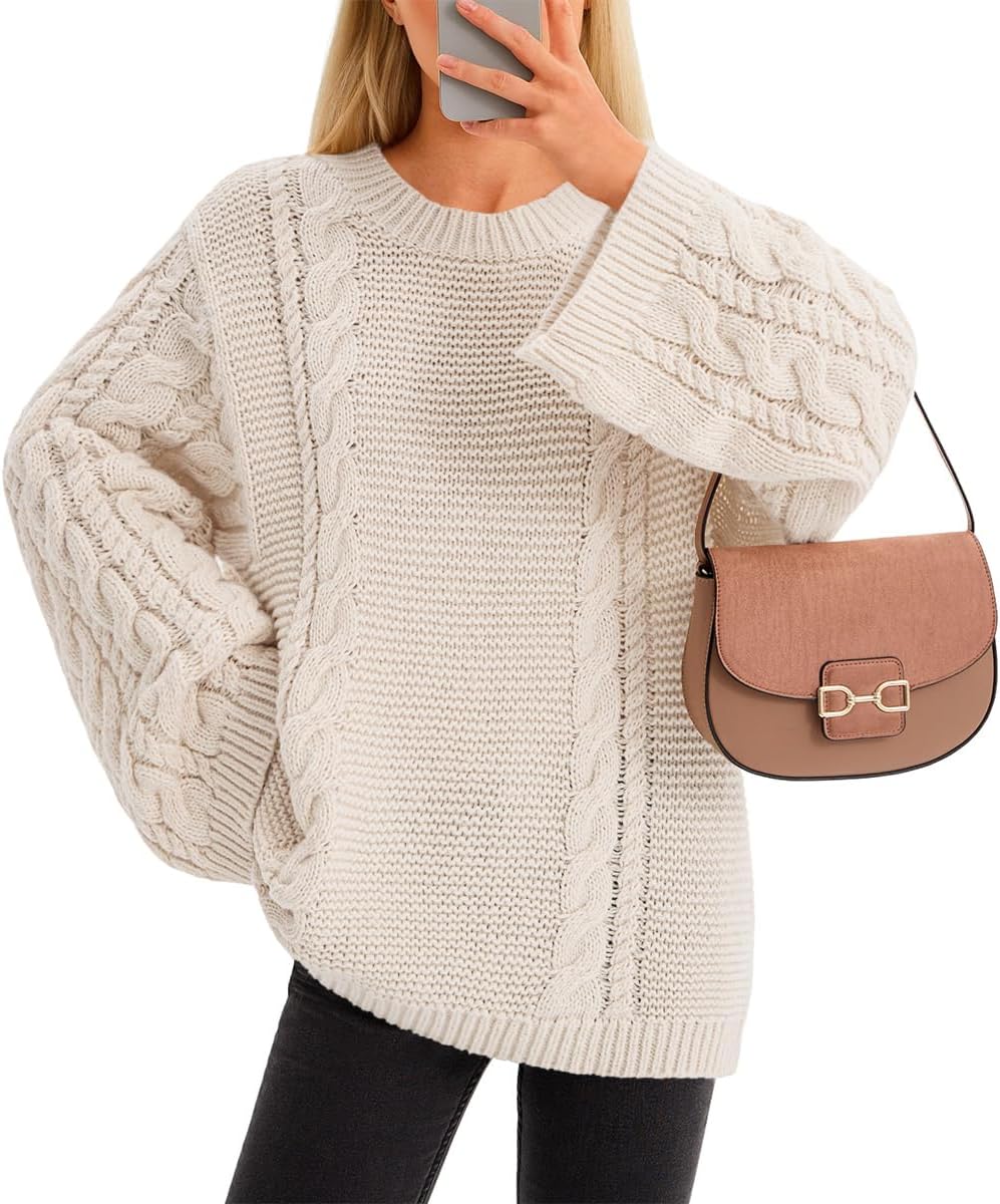 Yousify Womens Oversized Cable Knit Sweaters Long Sleeve Crewneck Casual Fall Chunky Pullover Vintage Loose Fit Sweater Tops