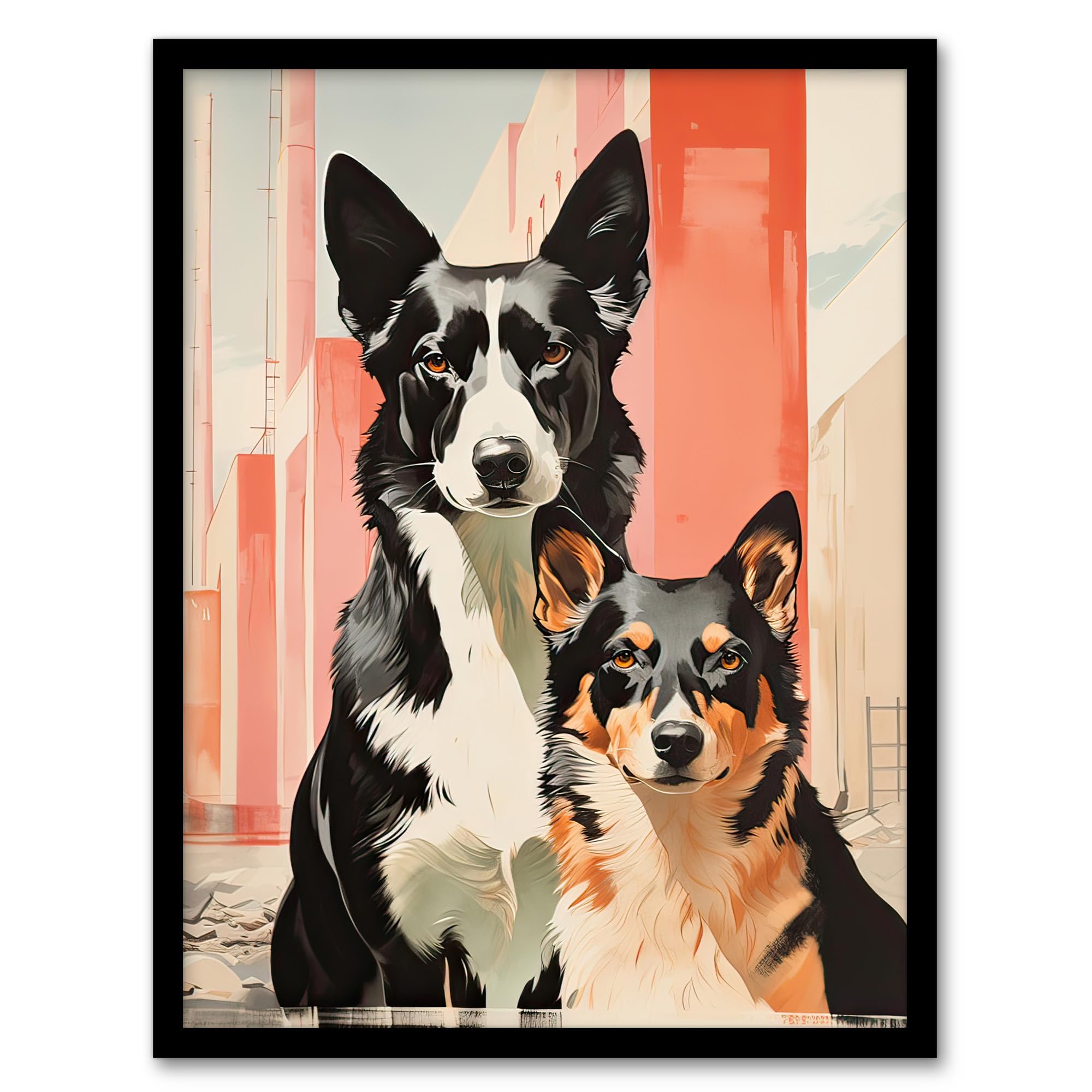Artery8 Collie Pair Dog Portrait Watercolour Painting Artwork Framed Wall Art Print 18X24 Inch