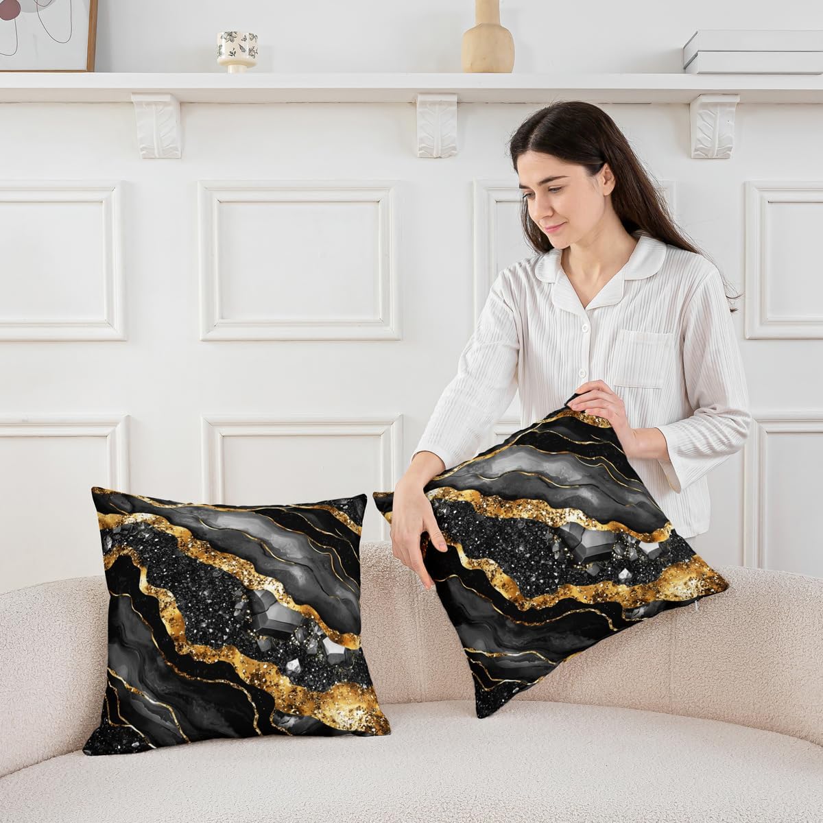 Erosebridal Marble Throw Pillow Covers 16x16 Set of 4 Black Grey Gold Pillow Cover Aesthetics Marbling Cushion Cover Watercolor Abstract Pillowcases for Couch Sofa