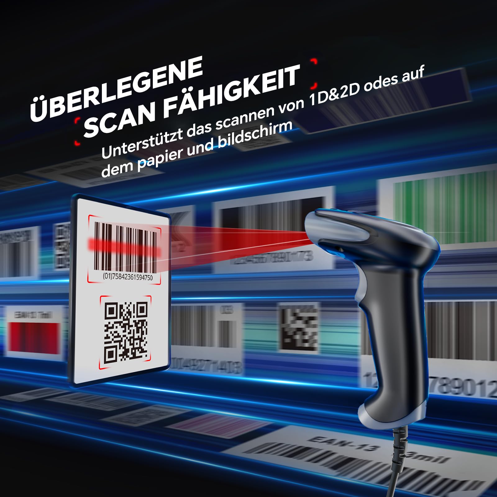 Eyoyo 2D Barcode Scanner, Lector de Códigos de Barras QR con Exploración de Pantalla, Portátil Escáner de Códigos de Barras Cableado con Cable USB para Supermercados Farmacias Bibliotecas Tiendas