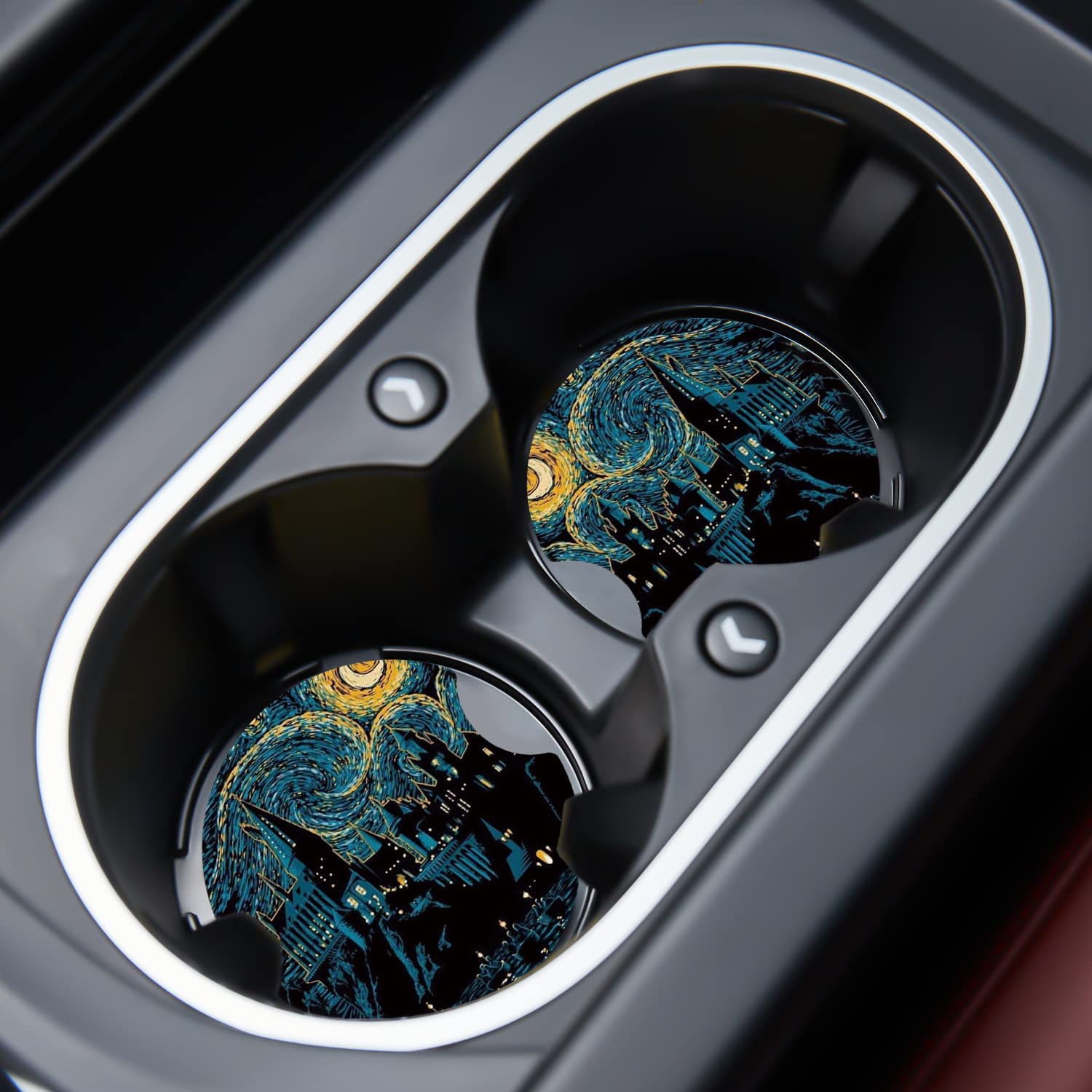 Jupswan Car Cupholder Coaster Absorbent 2 Pack Cool Night Scene Design Rubber New Automotive Cup Holder Decal Decor for Women Men Gifts DZ631