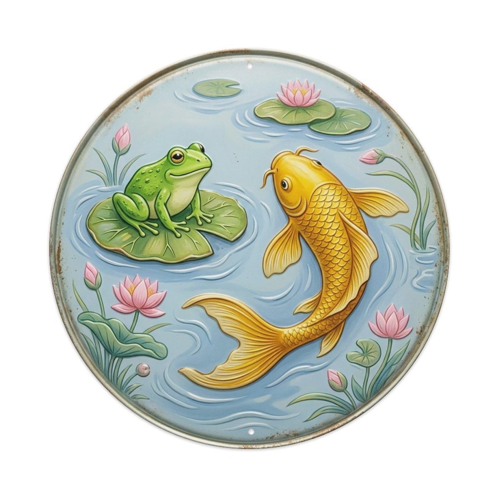 Frog Prince Pond Koi Fish Vintage Metal Tin Sign Plaque Wall Decor for Cafe, Club Bar, Office, Garden Metal Poster 8x8Inch
