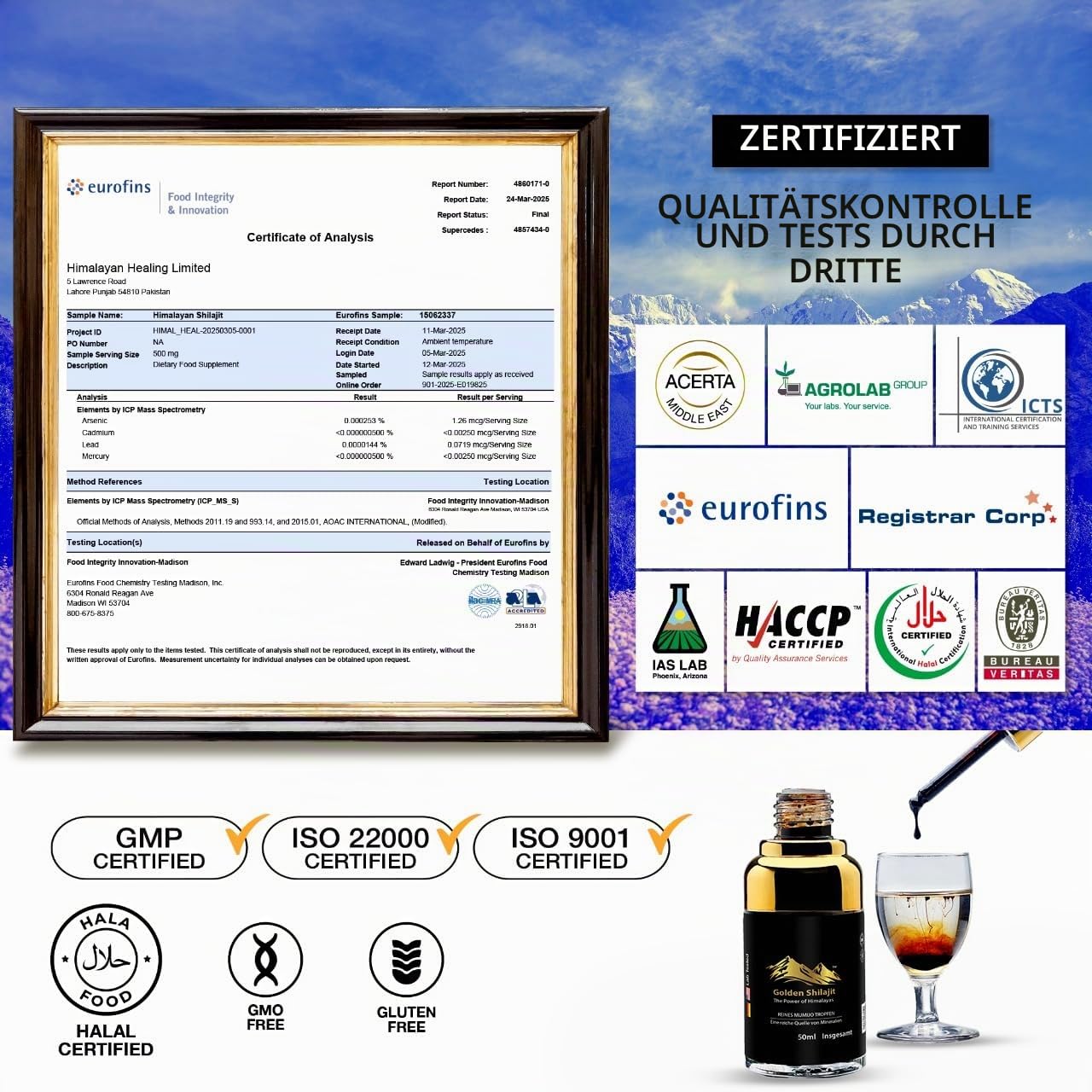 Goldene Shilajit-Tropfen 50 ml Flüssiges Himalaya-Mumijo-Shilajit 100-Tage-Vorrat Komplex mit über 85 Mineralien&Spurenelementen Fulvinsäure und Huminsäure Rein natürlich Vegan Laborgeprüft