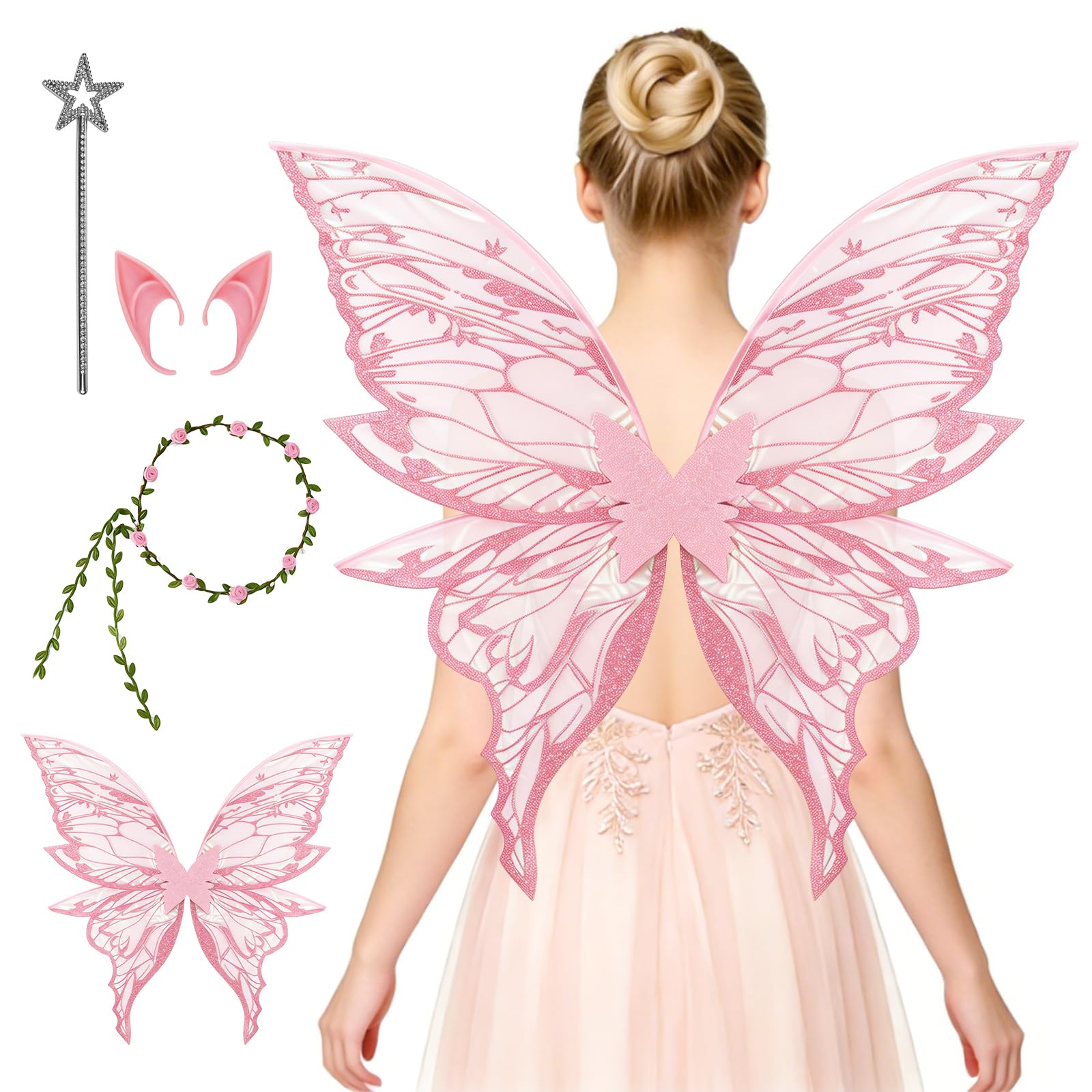 WhiteUniQoon Fairy Wings, Angel Costume for Women, Butterfly Wings Adults, Flower Headband, Angel Princess Fancy Dress Up Costumes for Halloween Party Cosplay