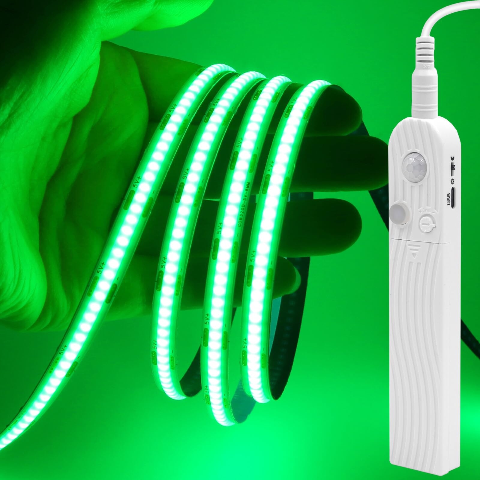 GQL Motion Sensor COB LED Strip Lights - PIR 5V Battery or USB Powered, Self-Adhesive for Closet Wardrobes Cabinets Stairs (Green, 2m) — image 1
