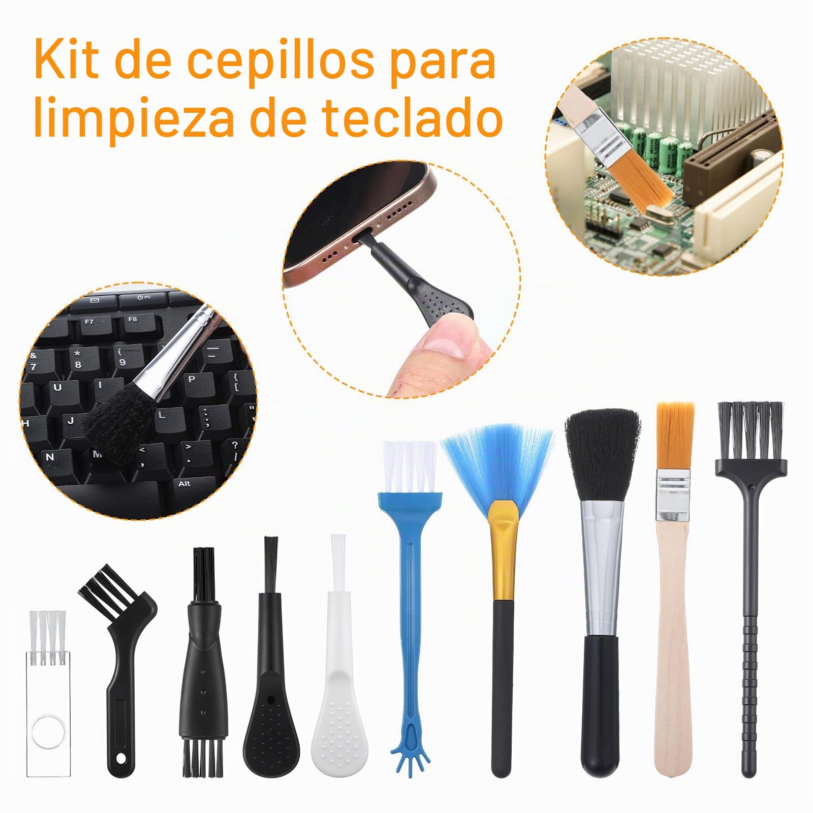 Bewudy Juego de 10 cepillos antiestáticos, juego de cepillos de limpieza, juego de limpieza de nylon para computadora, cepillo portátil para teclado, cepillo de limpieza para computadora para teclado