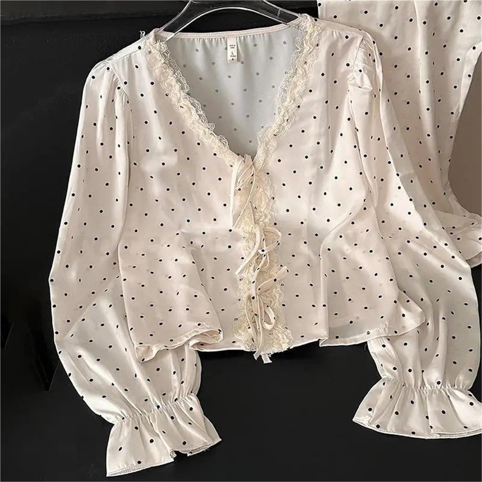 Conjunto de Pijama 2 uds con Borde Volantes Lunares, Ropa Dormir Seda Helada for Primavera y Verano, Holgada Suave Manga Larga Cuello en V for Mujer para Descanso en casa
