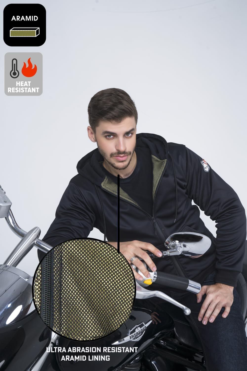 WICKED STOCK-Motorcycle hoodie-Fully Aramid Lined-CE LEVEL 2 Armor-Zip Up hoodie Black- Mens Motorcycle Jacket