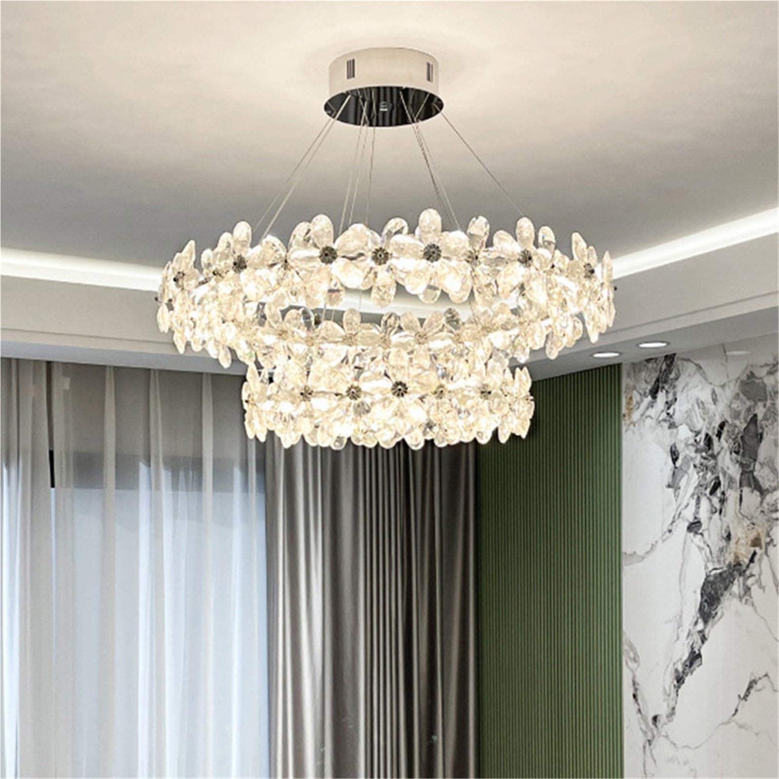Francuski kwiatowy kryształowy żyrandol LED, nowoczesny i regulowany, eleganckie kryształowe zawieszenie (3 regulowane światła, średnica 80 x 50 cm)