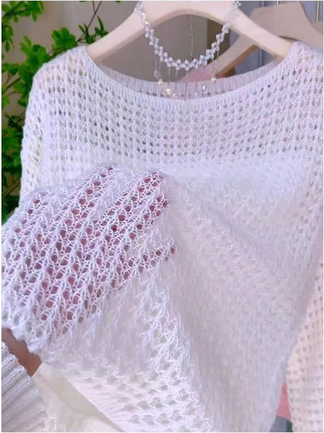 GORGLITTER Women's Crochet Lightweight Sweater Long Sleeve Boat Neck Hollow Out Knit Tops Fall Outfits - Image 3