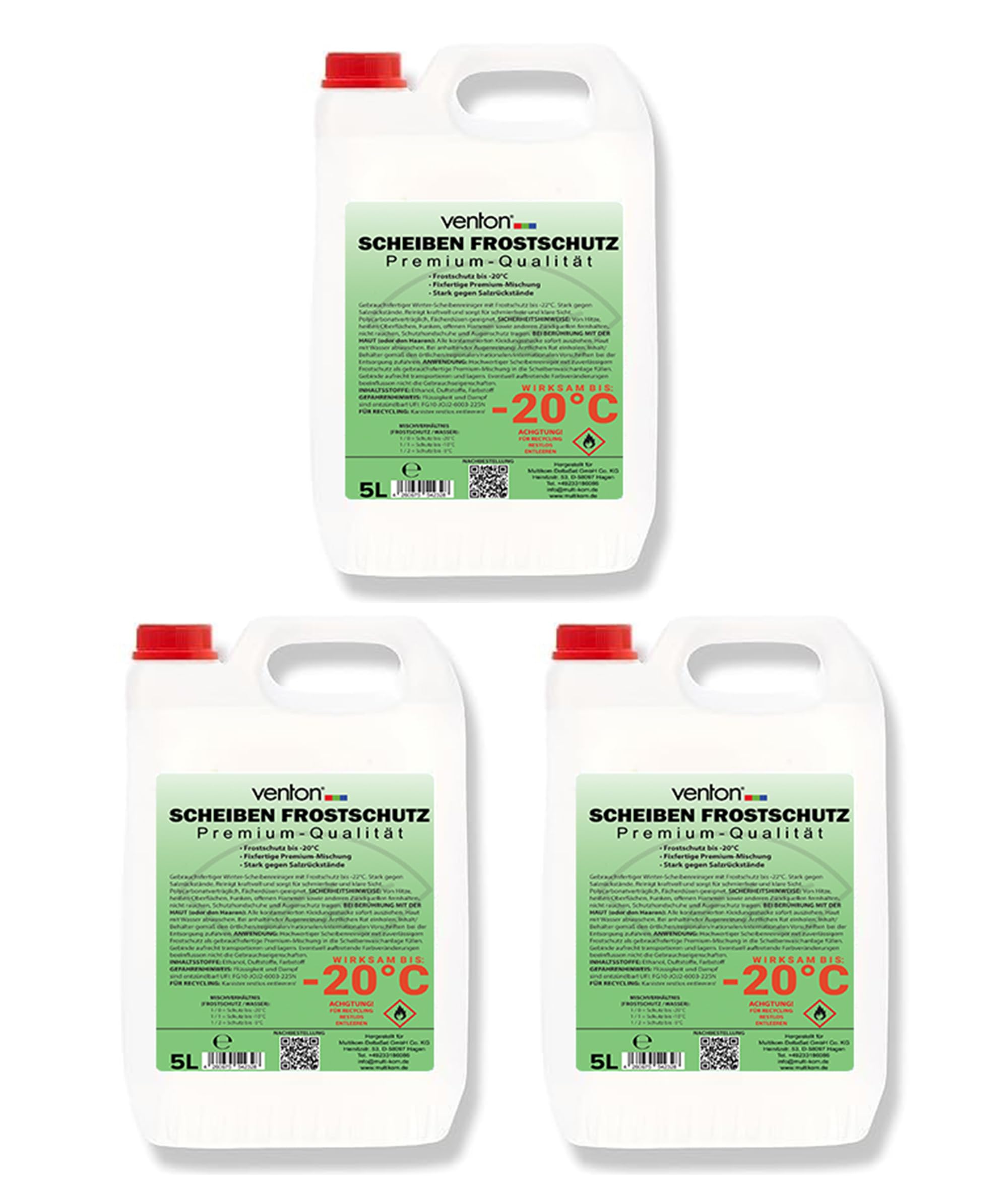 Venton Frostschutz I Scheibenfrostschutz für bis zu -20° I 6 x 5 L Frostschutzmittel I Gebrauchsfertiger Schutz als Zusatz für das Scheibenwischwasser I Hochwertiges Frostschutz-Konzentrat