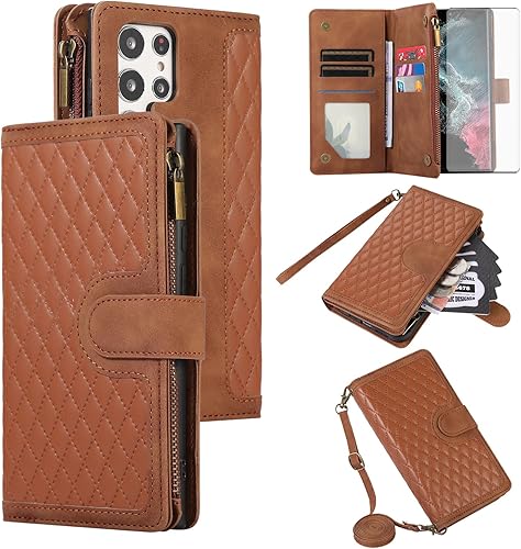 Asuwish Funda de teléfono para Samsung Galaxy S23 Ultra 5G Funda tipo cartera con protector de pantalla de vidrio templado y correa para la muñeca