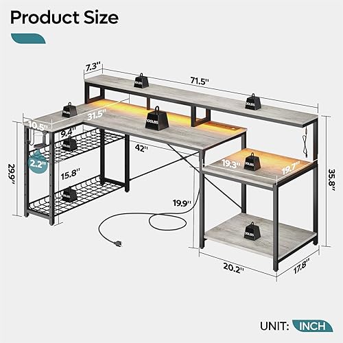 Miniatura 2 de Bestier Escritorio para computadora de 71.5 pulgadas con tomas de corriente, escritorio LED de oficina en casa con soporte largo para monitor,