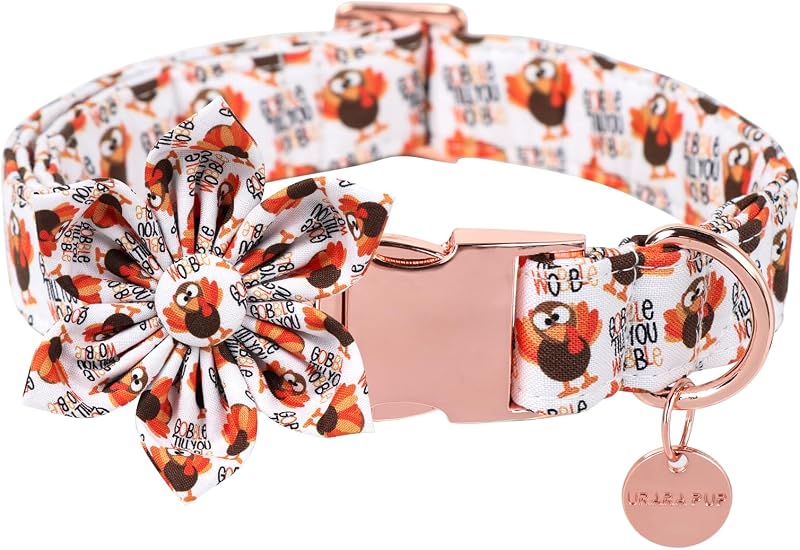 Coleira para Cães e Gatos com Flor de Algodão e Estampa de Peru, Fivela Metálica, UP URARA PUP, S