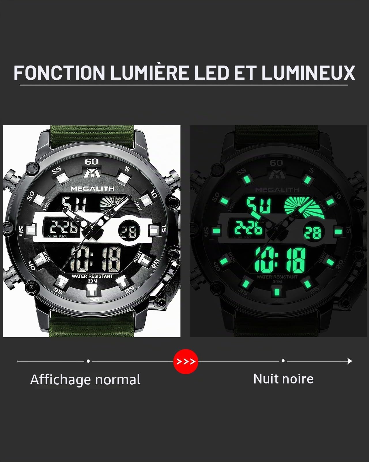MEGALITH Montre Homme Digitale Sport: Militaire Etanche 30M Affichage LED Chronomètre Alarme - Montres Bracelet Tactique pour Outdoor et Loisirs