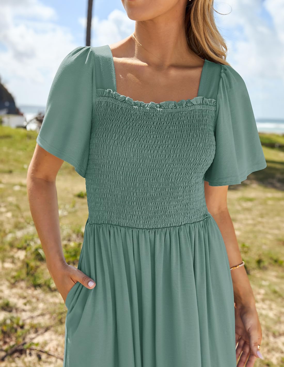 ZESICA Women's 2026 Summer Casual Mini Dress Flutter Short Sleeve Square Neck Smocked Tiered Ruffle Flowy Dresses - Image 3