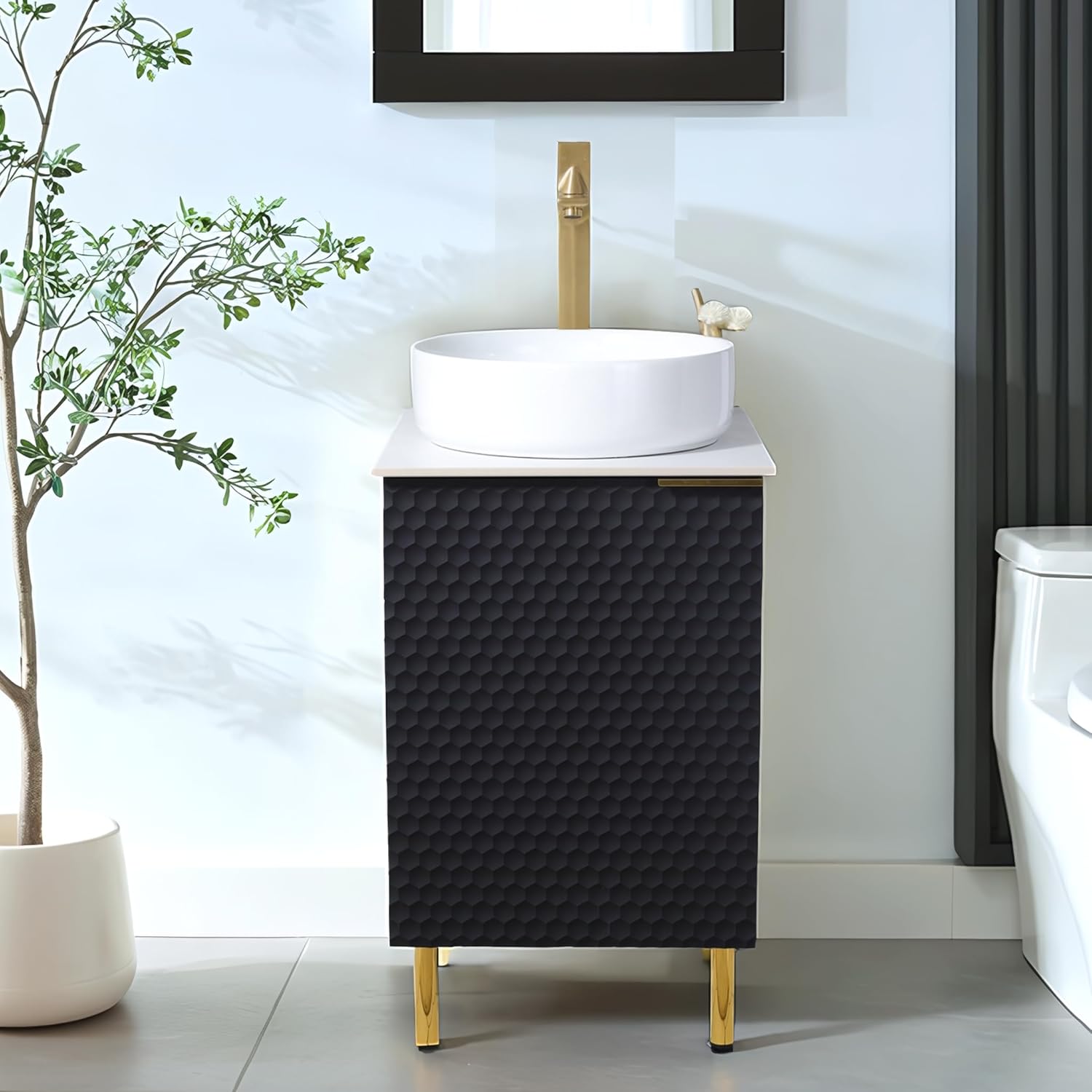 18 Inch Small Bathroom Vanity with Vessel Sink, Black Narrow Bathroom Cabinet Sink Combo for Small Spaces, Freestanding Vanity with Soft Close Door