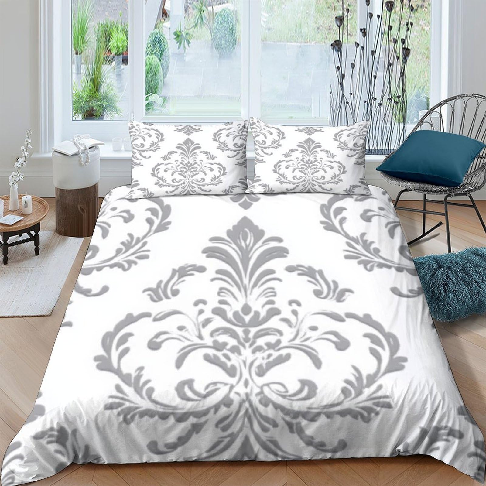 Ctjqhvkz Style-8 3D Printed Elegant Damask Fitted Sheet Microfiber Decorative Silver Baroque Mattress Cover For Bedroom Guest Room Easy Care Single（135X200cm）
