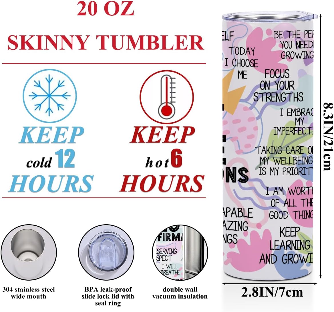 Daily Affirmations for Women Girls Therapist, Inspirational Self Love Christmas Birthday Gifts 20 oz Skinny Tumbler Stainless Steel Insulated Tumblers Straight Coffee Mug Thermal Travel Cup with Lid - Image 2