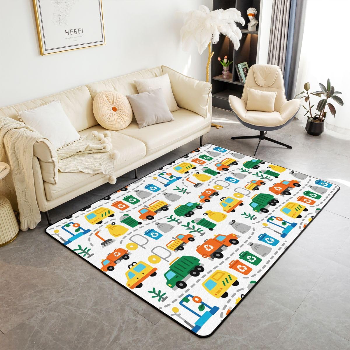 Homewish Müllabfuhr 150x200 Teppiche Wohnzimmer Müllwagen Rug Pflegeleicht Handgezeichnetes Recycling Thema Teppich Mülleimer Besen Säcke Bäume Carpet Living Room