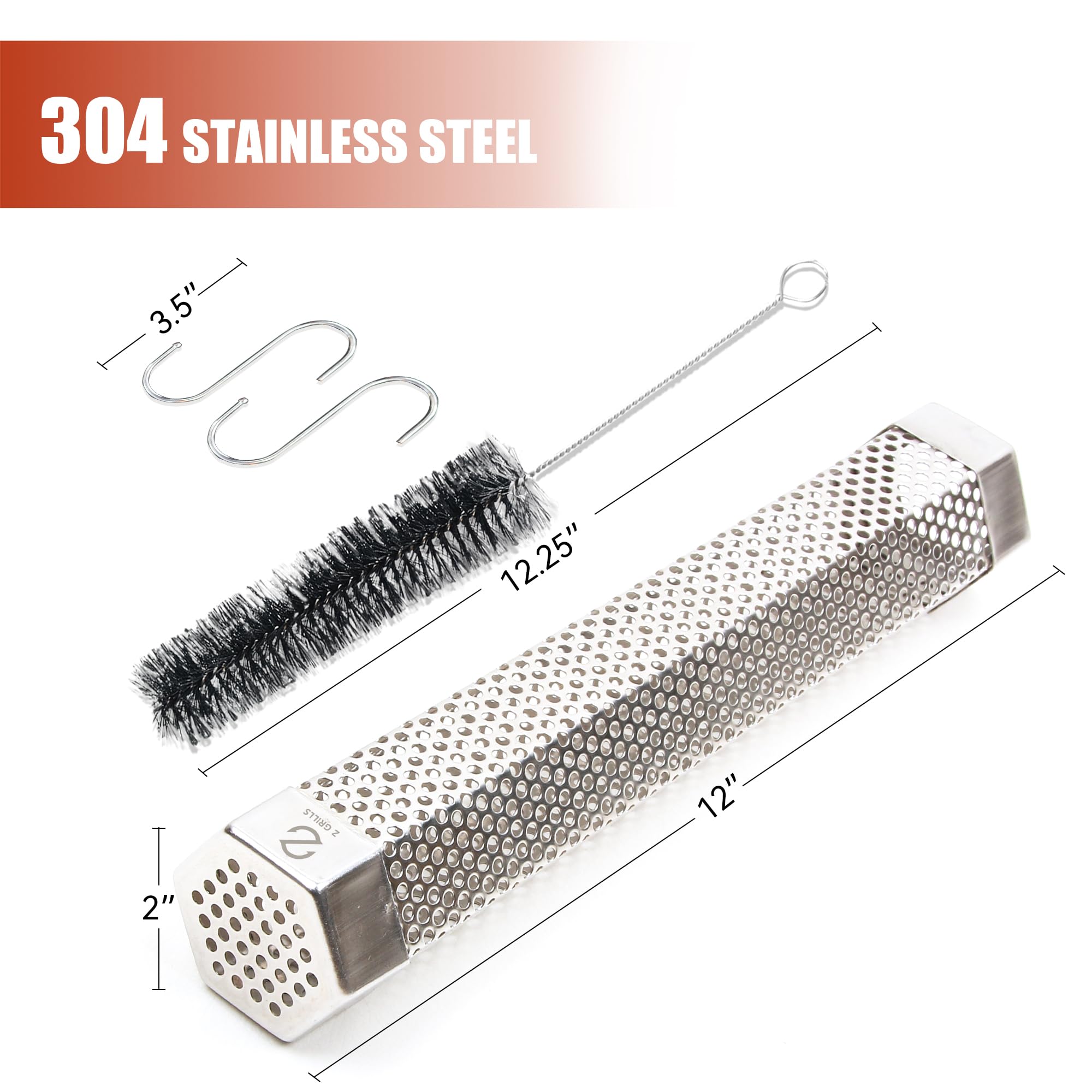 Z GRILLS Edelstahl Pellet Räucherrohr 30,5 Cm – Für Heiß- & Kalträuchern, Inkl. 2 Haken & Bürste