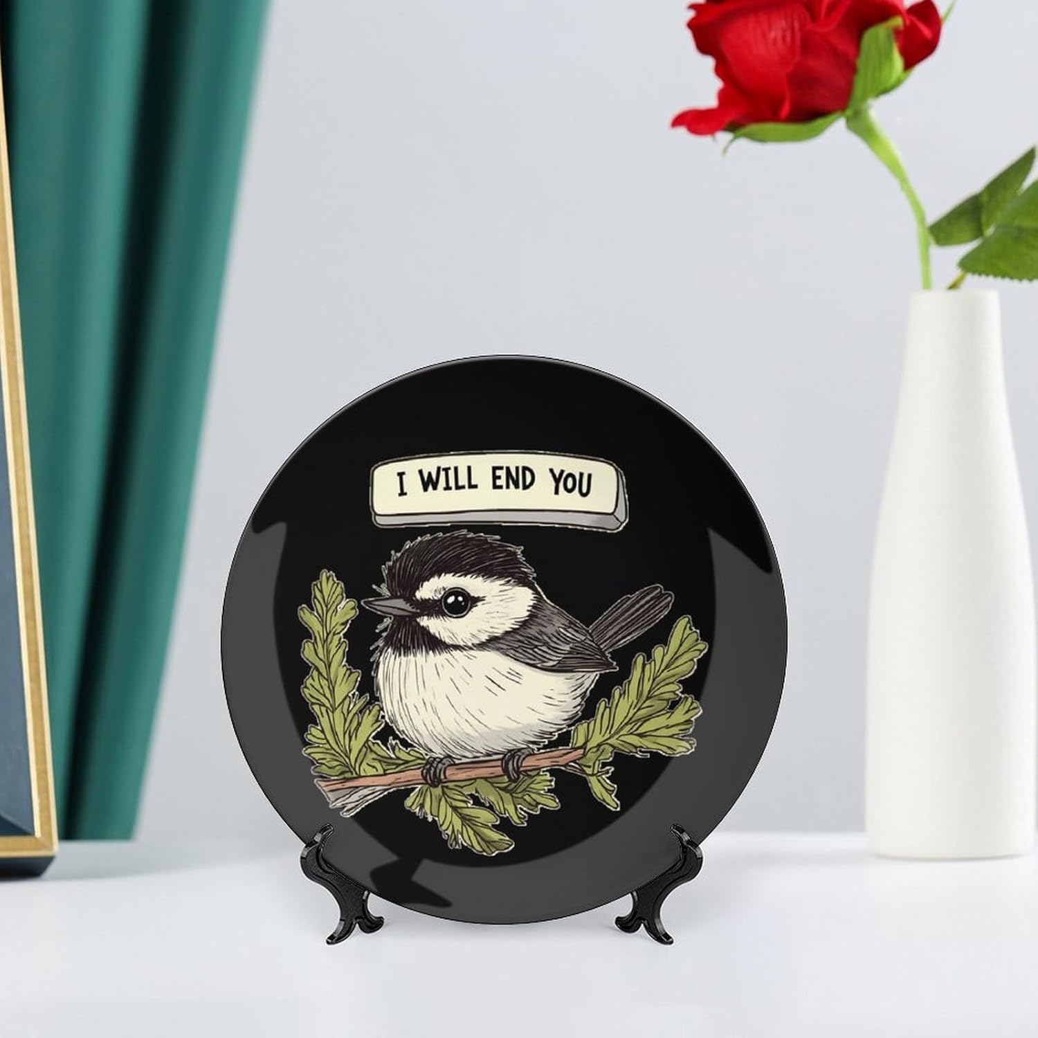 Chickadee Will End You Decorative Plates for Display Ceramic Plate Tray with Stand Hanger Home Decor
