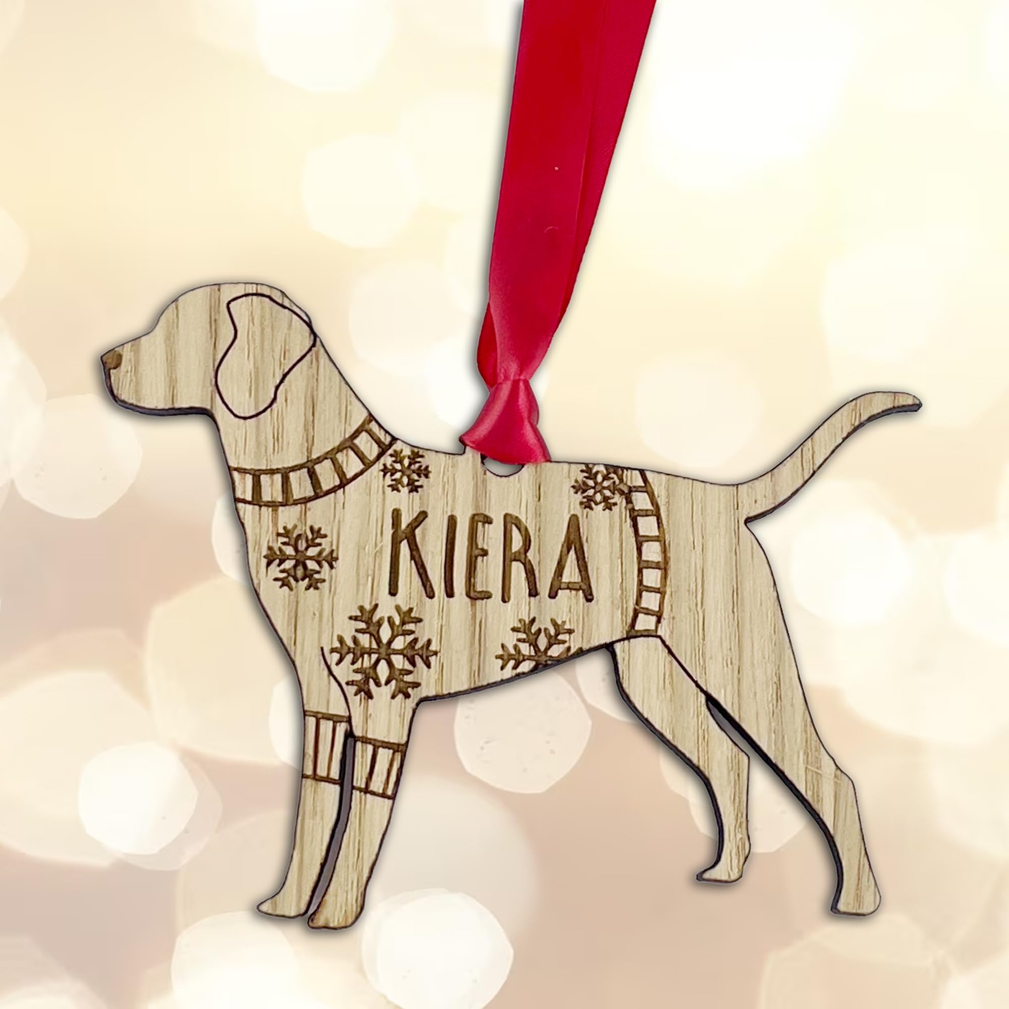 Personalised Labrador Dog Christmas Tree Bauble Decoration, Wearing a Dog Jumper Design with Snowflakes, Customised Puppy Hanging Ornament, Oak Veneer Wood with Red Ribbon