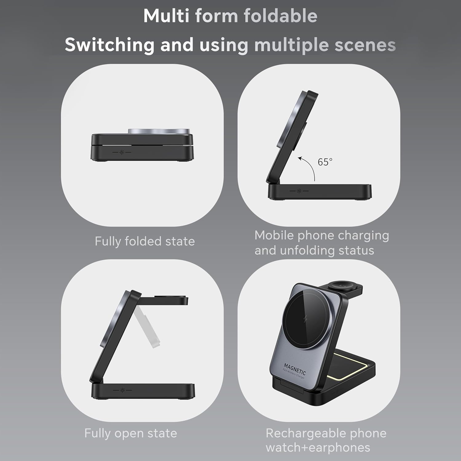 Foldable 3 in 1 Wireless Charger for iPhone,15W MagSafe Charger Stand for iPhone, Foldable Travel Wireless Charger Compatible with iPhone16-12, Apple Watch,Airpods Pro (Black)