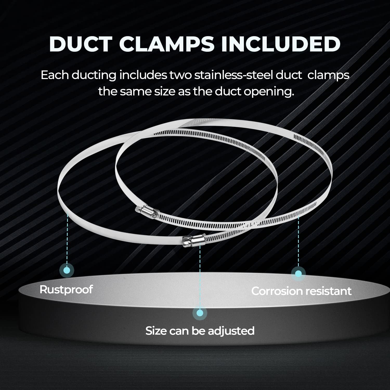 Image showing two stainless steel duct clamps, highlighting their rustproof and corrosion-resistant properties, and adjustable size.