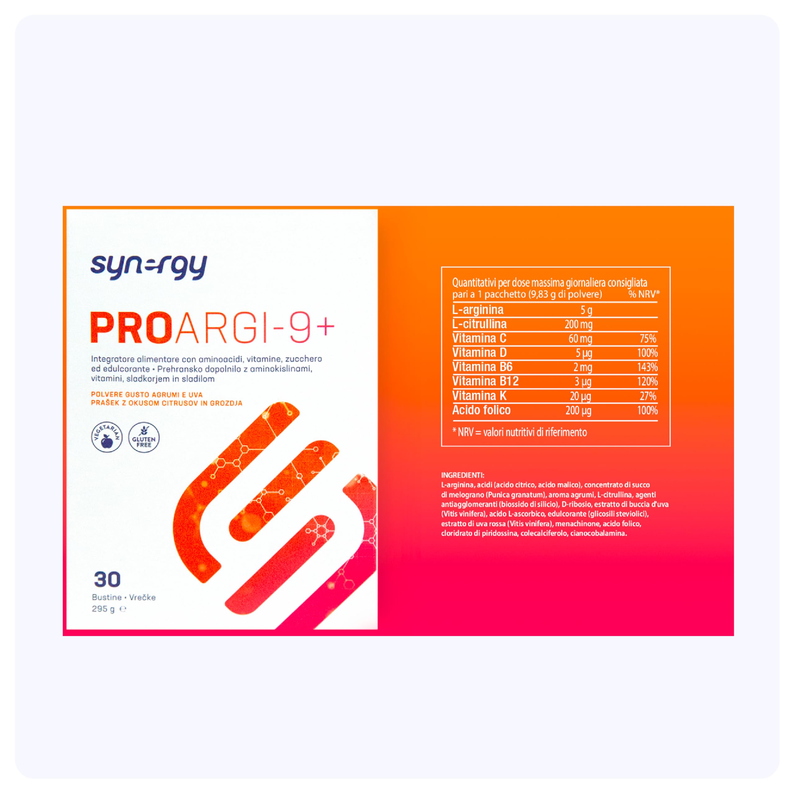 Synergy Worldwide ProArgi 9+ 295 g | 5000mg L-Arginina e 200mg L-Citrullina con Vitamine C, D3, K, B6 e B12 | Supporto Cardiovascolare e Circolatorio | 30 Bustine