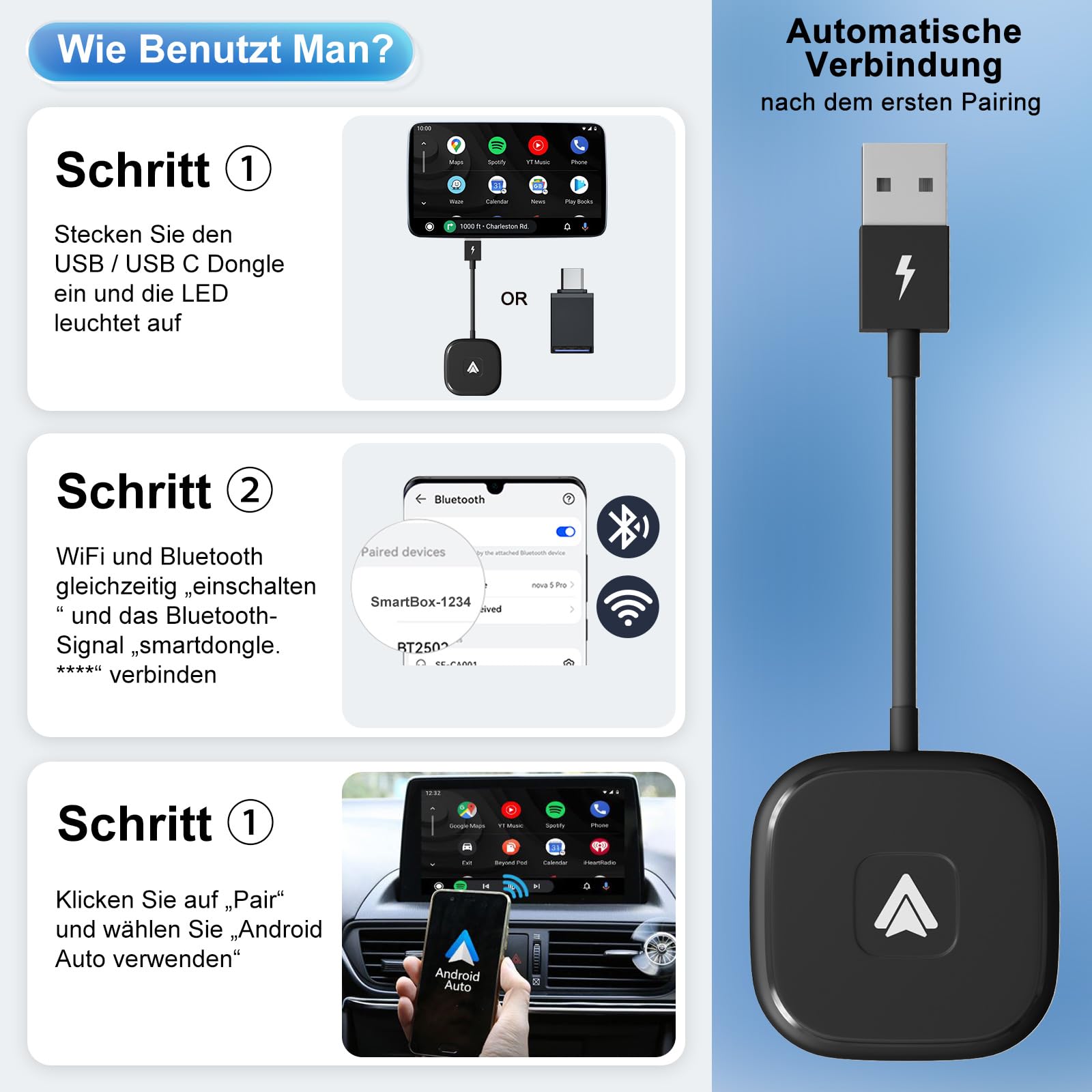 Android Auto Wireless Adapter, Android Auto Adapter Konvertieren Sie Verkabeltes Android Auto zu Wireless, Kompatibel mit Android Phone 11.0 und Höher, für Autos ab 2017