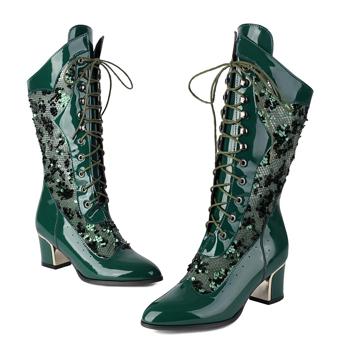 Womens Hollow-Out Lacing Boots Mesh Sequins Synthetic Patent Leather Pointed Toe Block Heel Perfect for Summer or Evening