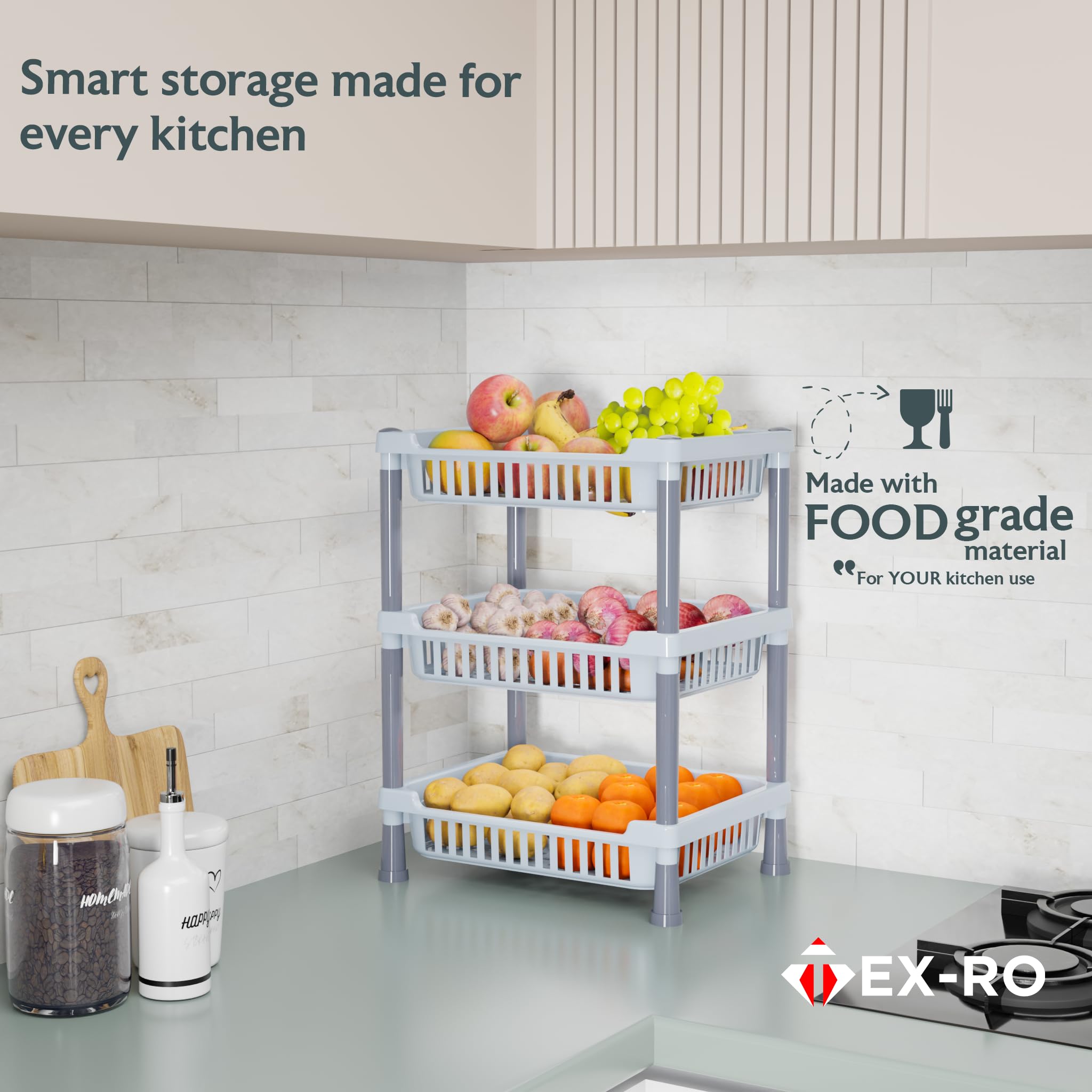TEX-RO 3-Layer Kitchen Rack Stand/Multipurpose Rack for Storage/Vegetable Stand for Kitchen Storage Rack/Durable Kitchen Racks for Storage (Grey) - Image 7 thumbnail