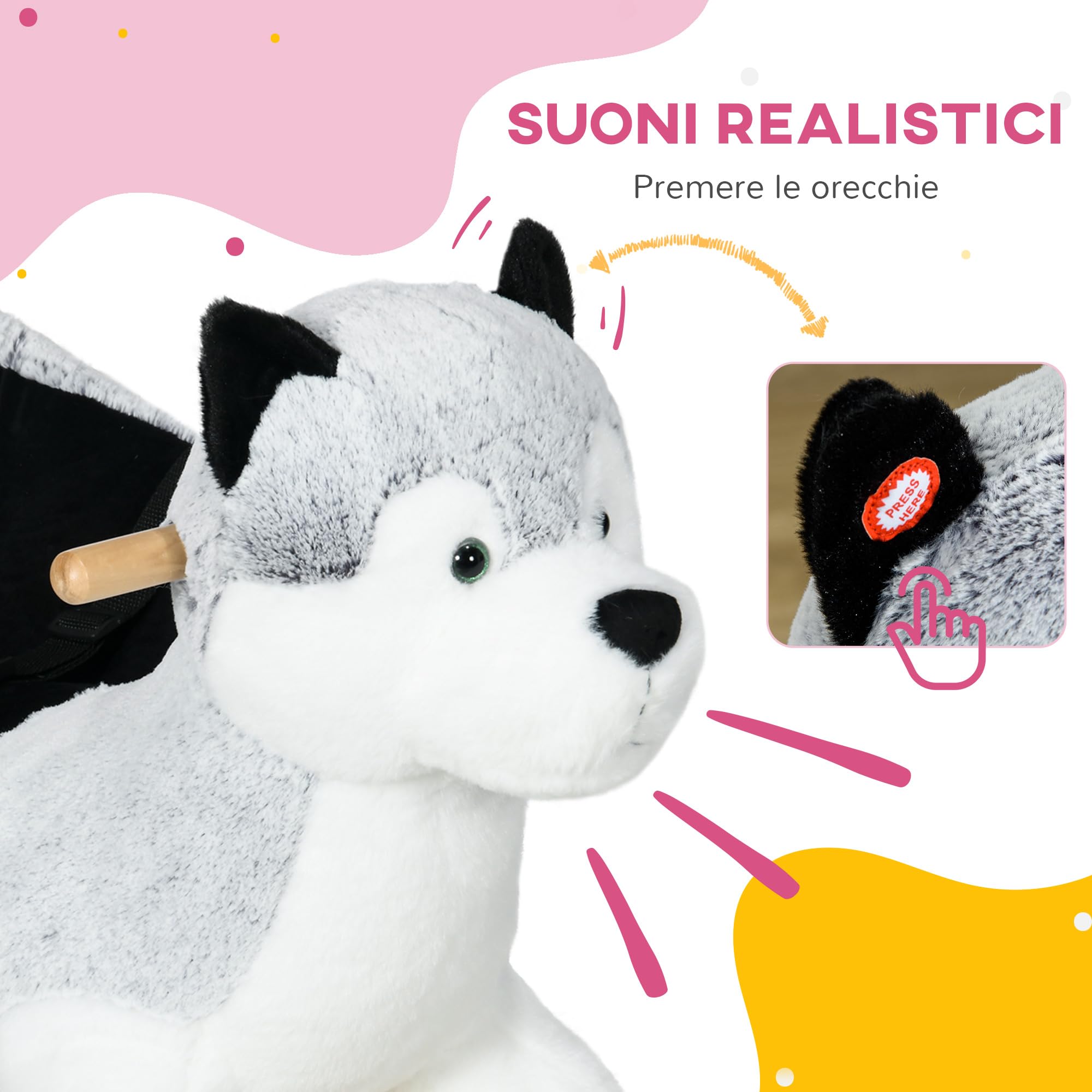 HOMCOM Cavallo a Dondolo per Bambini da 18-36 Mesi, Cavalluccio a Dondolo per Bambini Cavalcabile con Suoni Realistici, 60x33x50 cm, Grigio