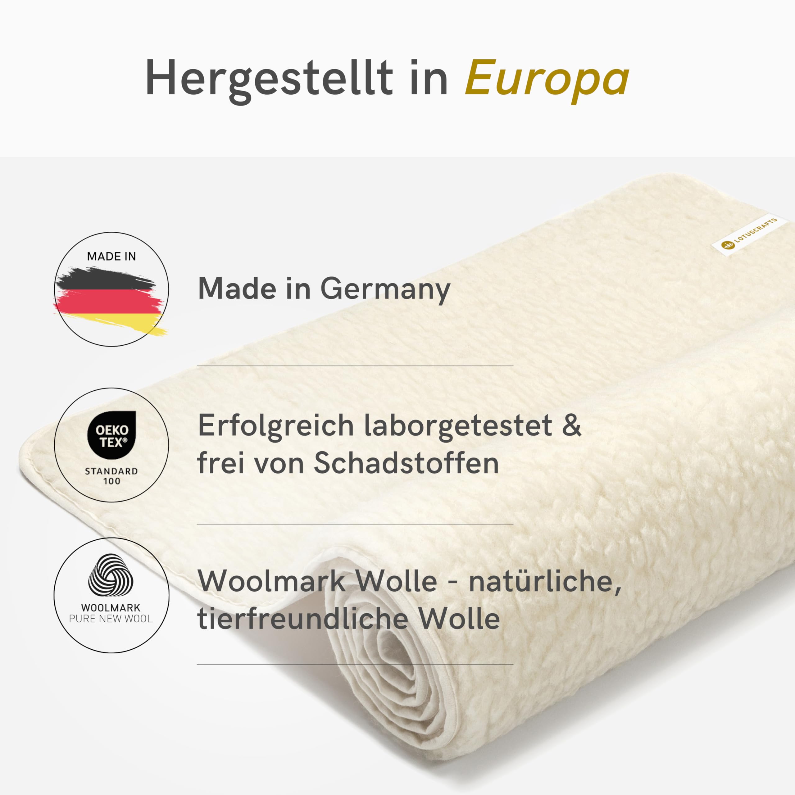 LOTUSCRAFTS Yogamatte Schurwolle WOOL, warm, 200 x 75 x 2 cm, oben Wolle, unten Naturlatex, mulesingfreie Schafwolle, perfekt für Yoga, Pilates, Meditation