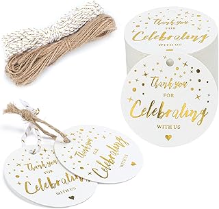 joycraft 100PCS Thank You for Celebrating with US Tags,White High-end Paper Round Favors Labels with String,Personalized Gift Tags for Baby Shower,Wedding,Bridal Shower,and Gift Wrapping（1.97"x1.97")