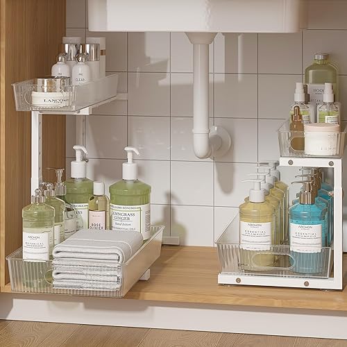 Miniatura 10 de ADRIMER Organizador para debajo del fregadero, 2 paquetes, organizador extraíble para fregadero de cocina, 2 niveles, organizador de cocina 2