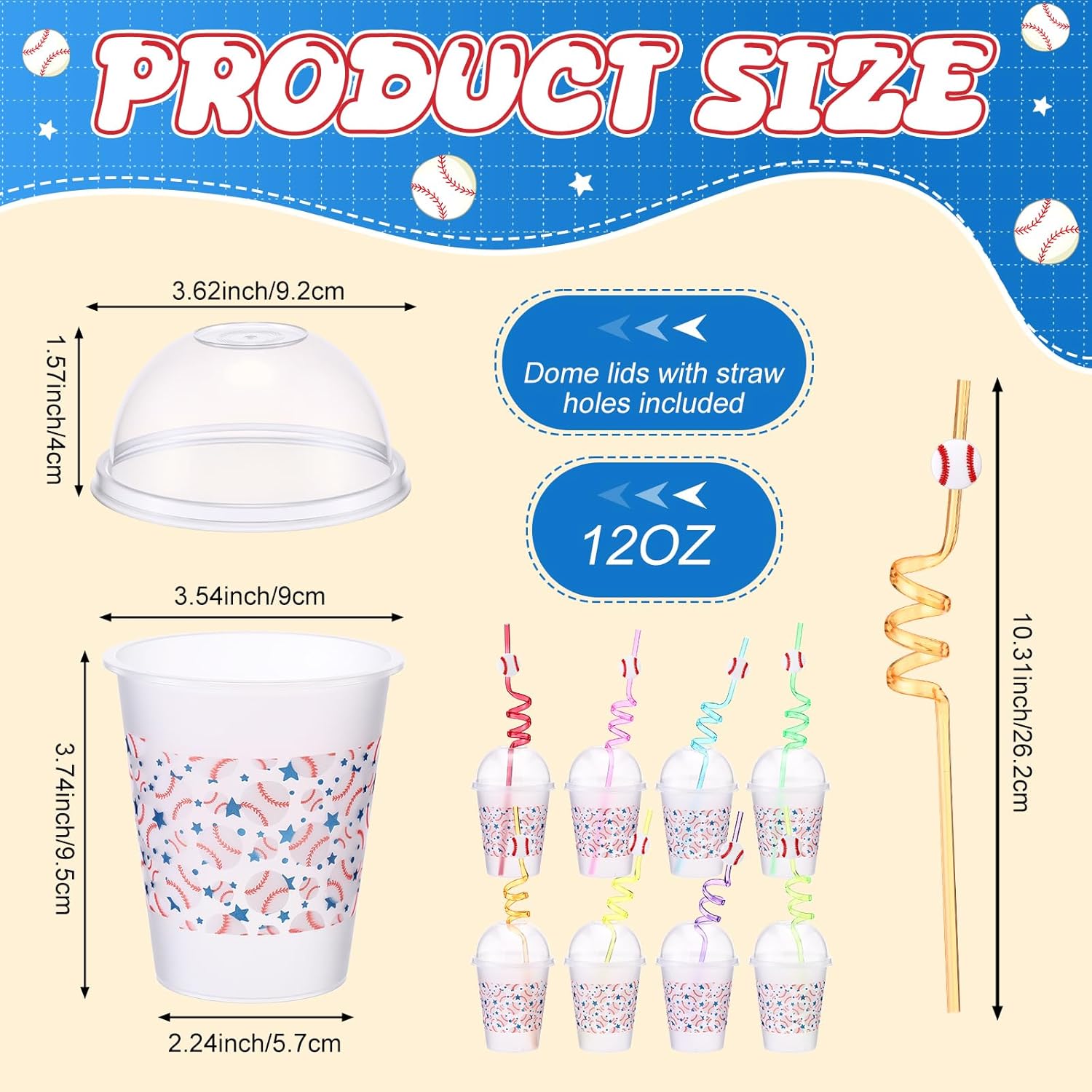 32 Pack Baseball Party Plastic Cups with Lids and Straws, 12 oz Clear Drinking Cups Bulk Tailgate Sports Party Decorations for Birthday, Holiday and Team Events