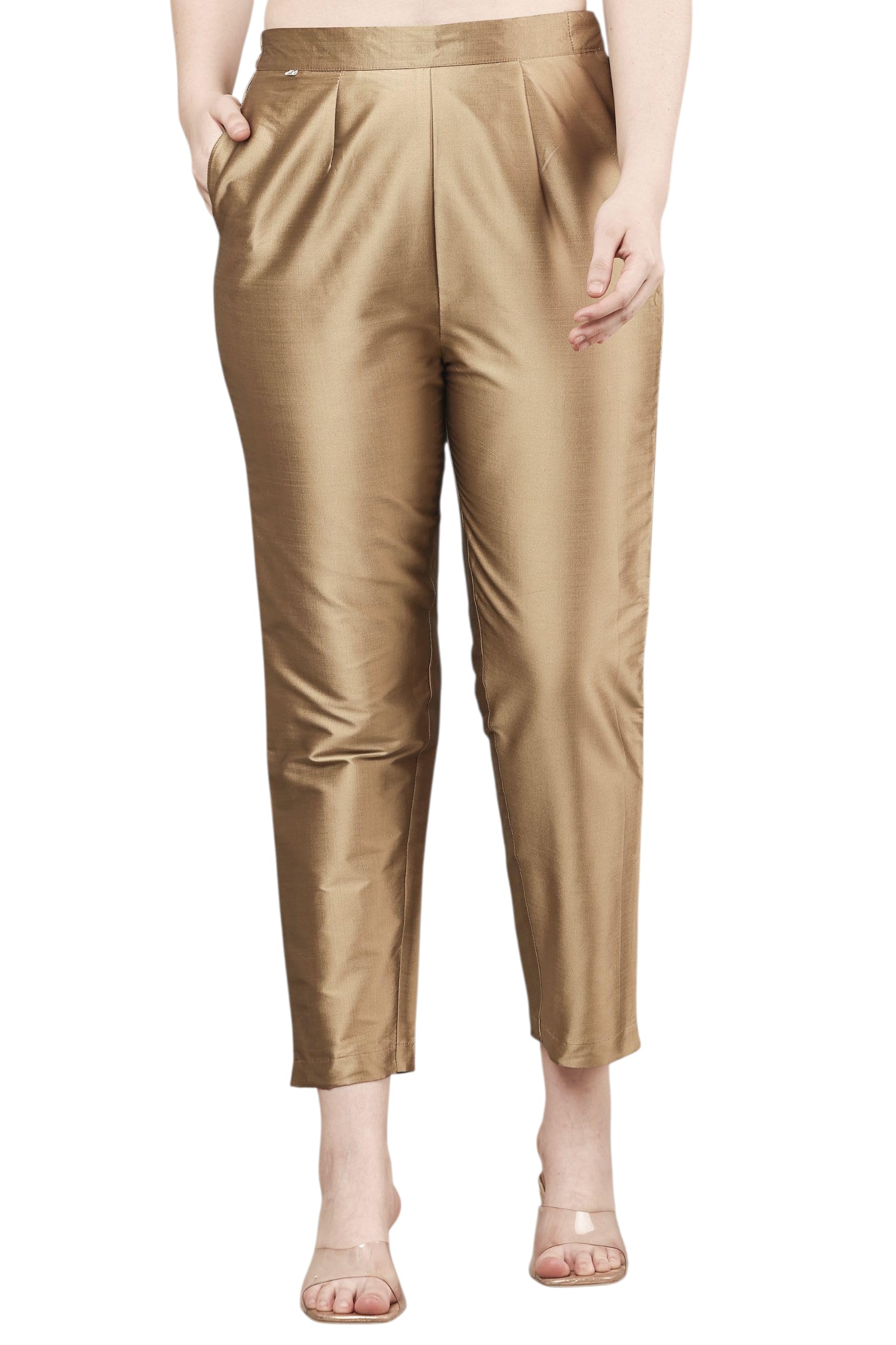 Women's Golden Beige Taffeta Silk Ankle Length Trouser Pants with Elastic Waist and Side Pockets-picture-14