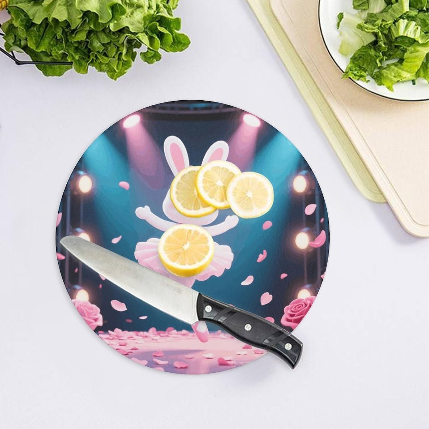 Dancing Rabbit Tempered Glass Cutting Board Sturdy Chopping Block Personalized Large Butcher Block Lightweight Round Chopping Mat for Kitchen Non Slip