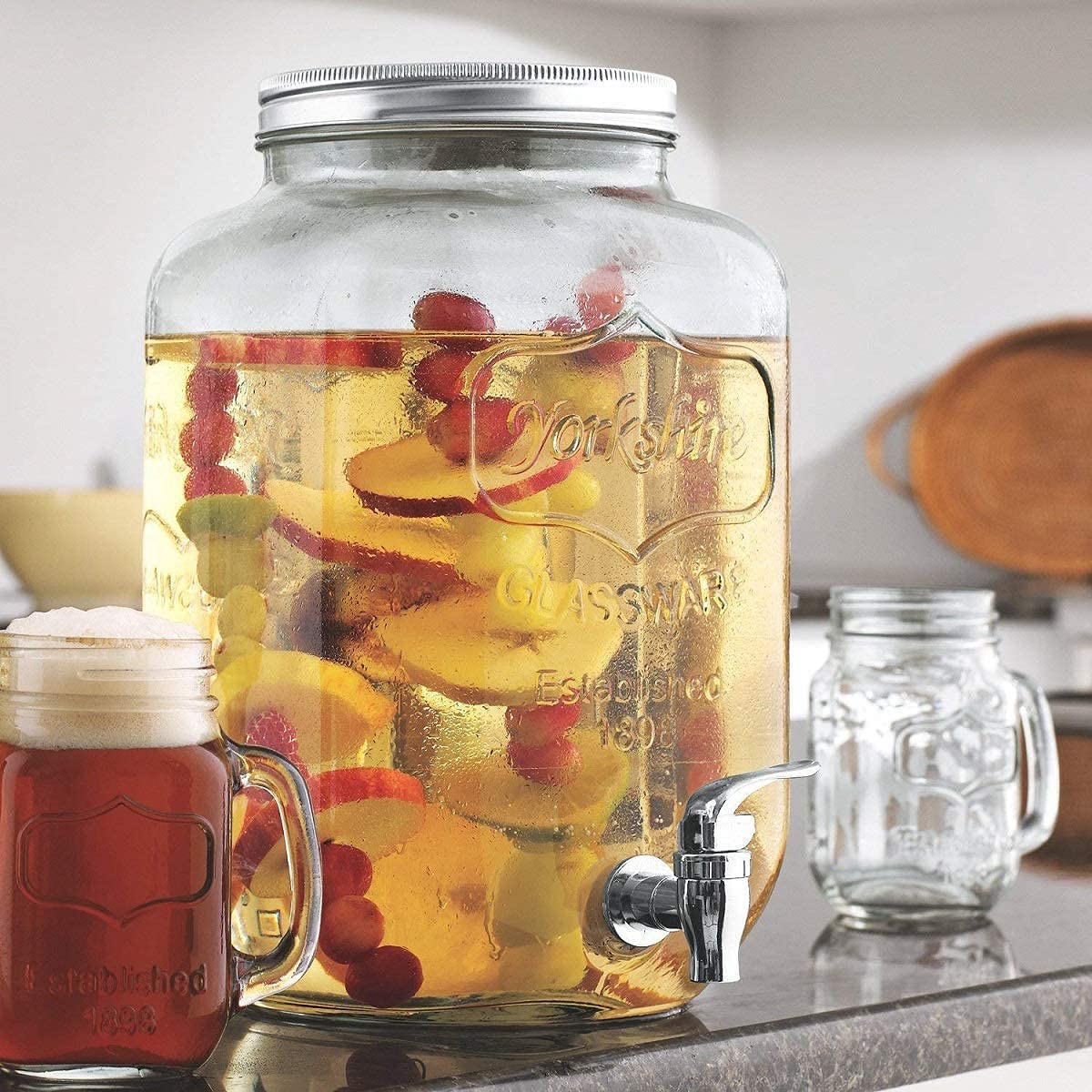 UI Intros Glass Cold Water Mason Jar | Beer Dispenser | Drink Dispenser | Mason Jar | Glass Pitcher with tap | Spigot and Steel lid | Water Pitcher for Detox Water | 4 Liter Dispenser (4 Liter Detox)